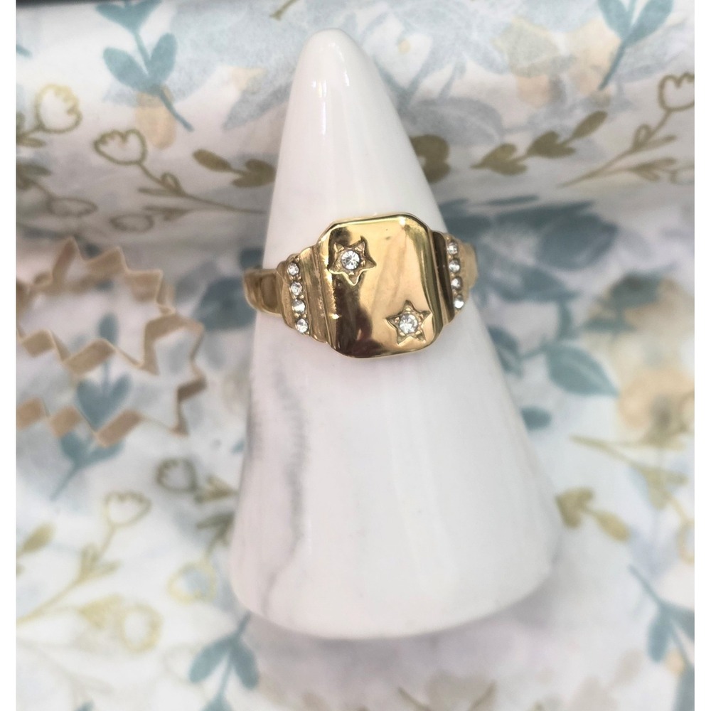 Star Crystal Signet Ring Gold Plated Stainless Steel Men's Size 8
